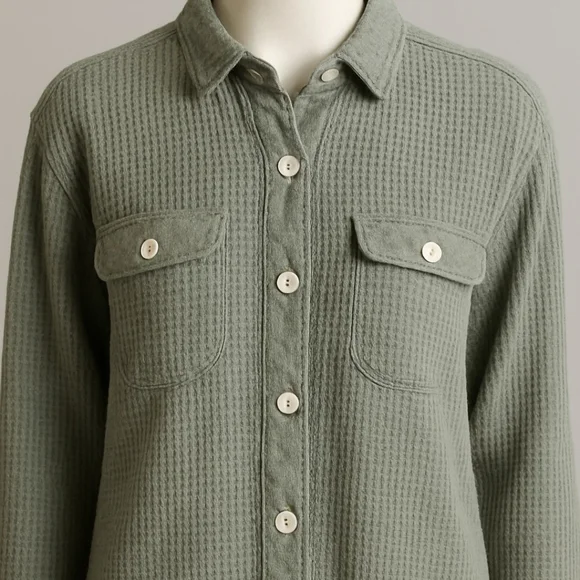 Olive Green Waffle Knit distressed Button-Up Sweater/ Shacket - Picture 3 of 3